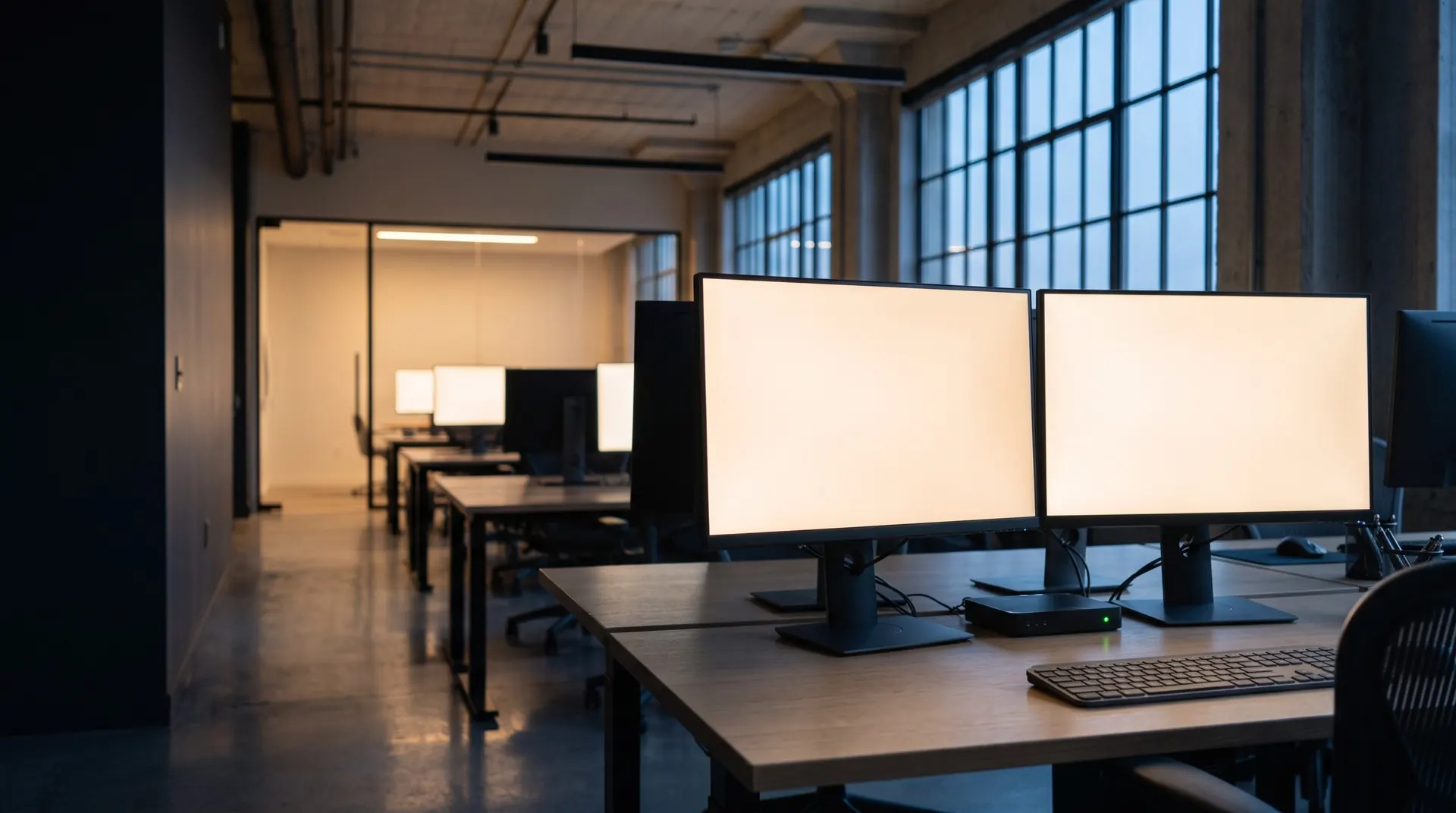 A desk with two monitors glowing in a quiet office before work