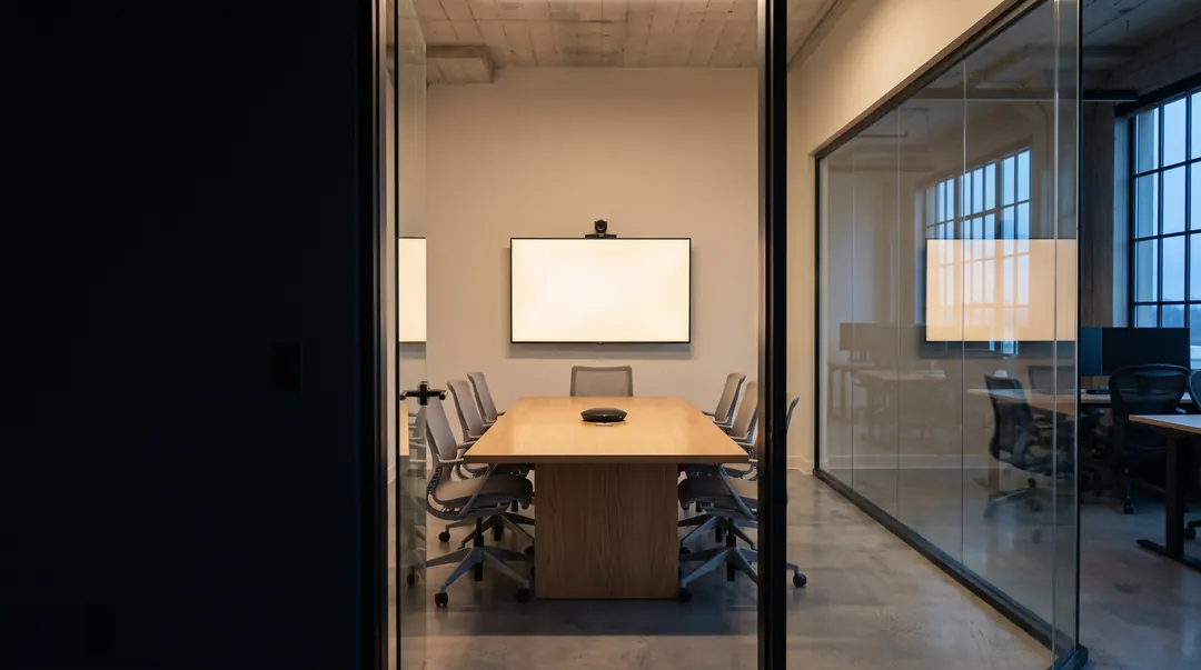 A glass meeting room with a wall display, lit and ready